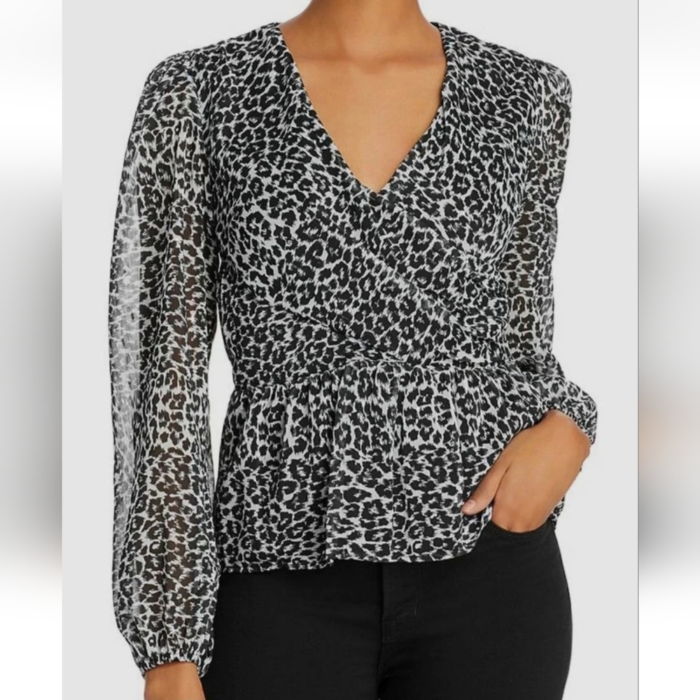 The Kooples Women Black V-Neck Leopard Metallic Long-Sleeve Toup M